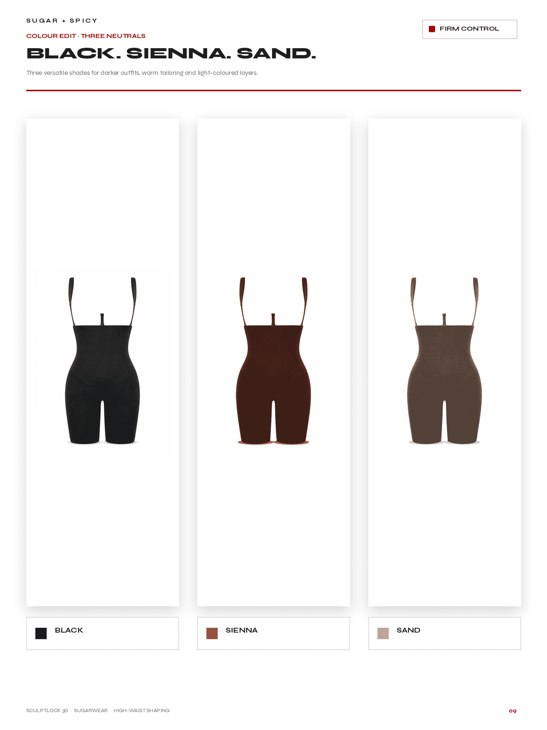 A color options chart showing three shapewear briefs on a white background: one black, one sienna brown, and one sand brown. The page header reads &