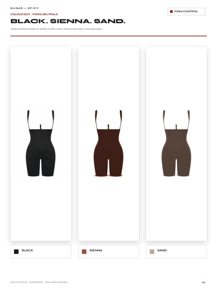 A color options chart showing three shapewear briefs on a white background: one black, one sienna brown, and one sand brown. The page header reads 'SUGAR + SPICY' and 'BLACK, SIENNA, SAND.