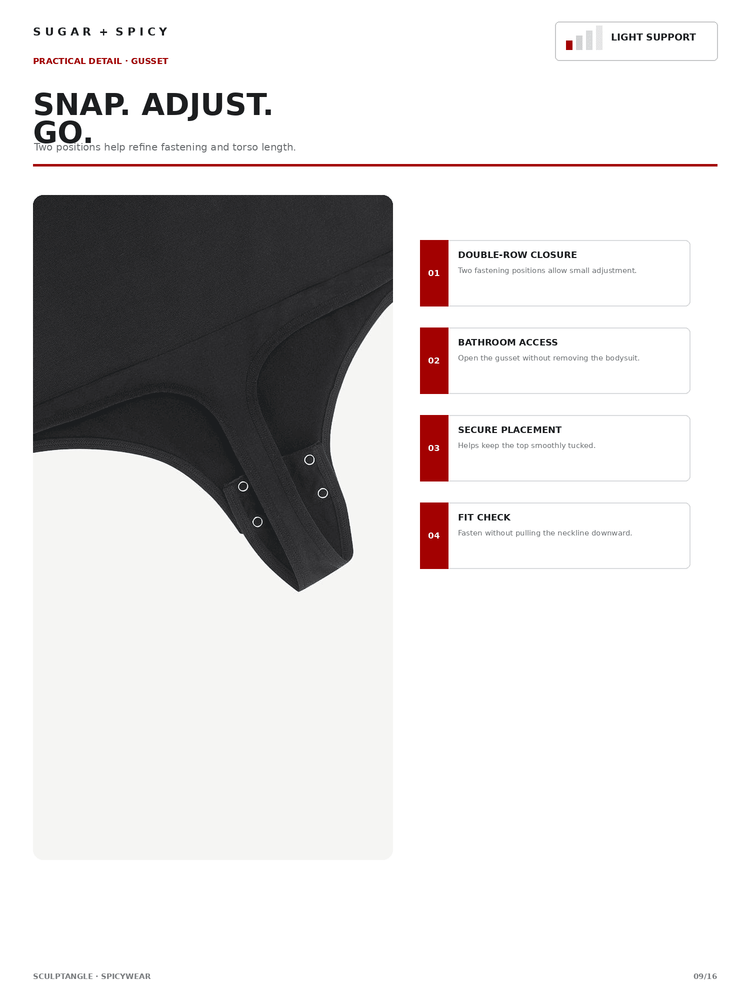 A product detail page for a black fabric garment by SUGAR + SPICY, showing a close-up of the lower edge and grommets of the item. The page includes text callouts about double-row closure, bathroom access, secure placement, and fit check, with a light support indicator at the top right.
