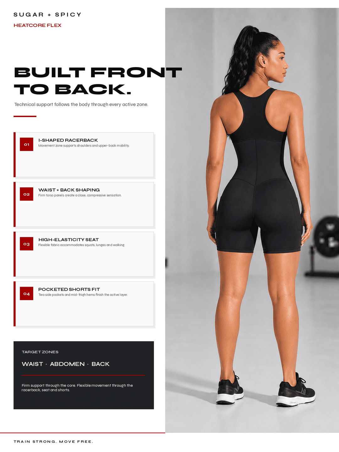 A woman modeling a black heatcore flex shapewear bodysuit from the back, shown on a light gray studio background with feature callout text on the left side of the image.
