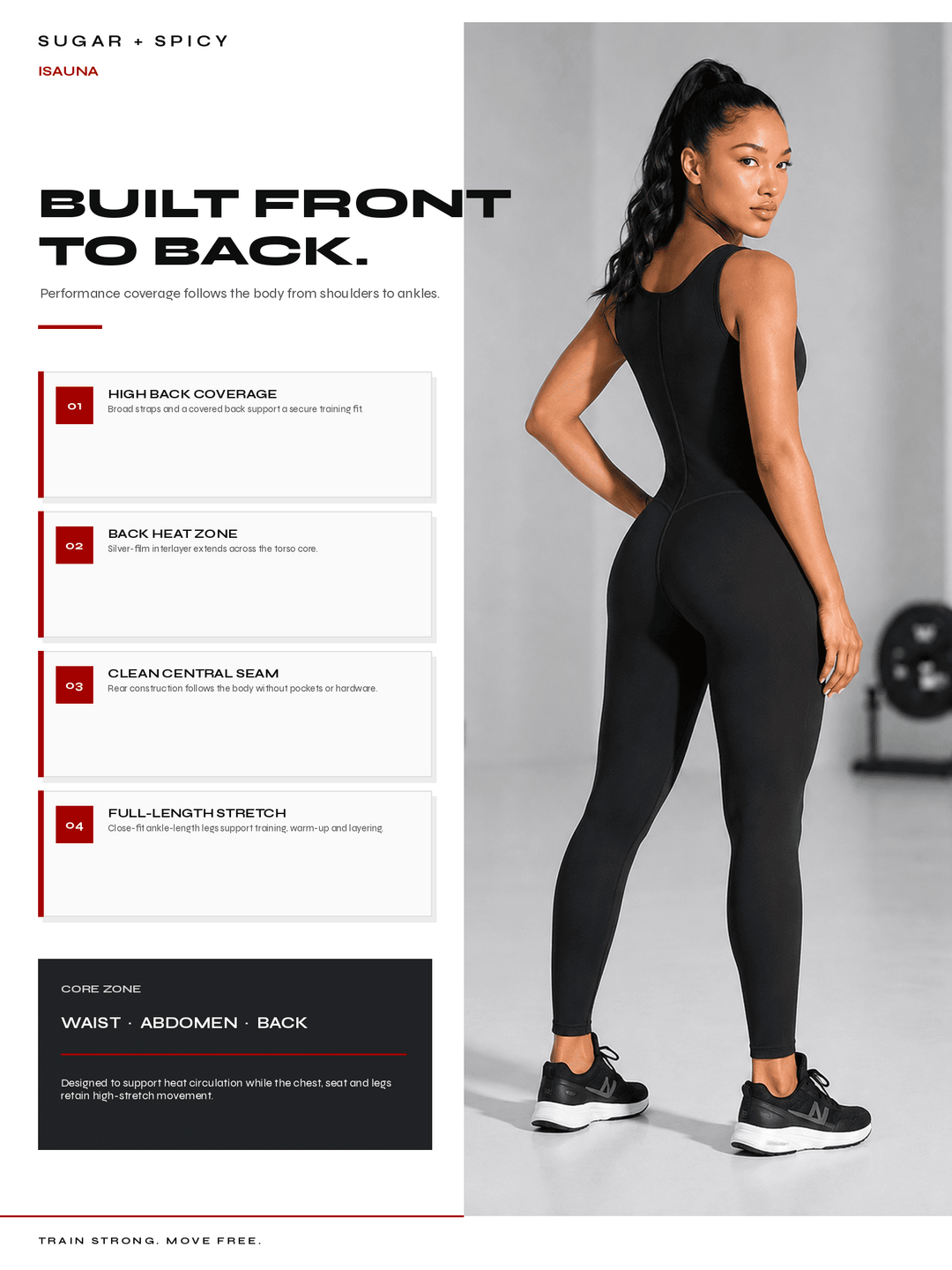 A model wearing black full-length athletic leggings and black sneakers stands in profile against a light gray studio background. The left side of the image contains marketing text and feature callouts for the leggings, including &