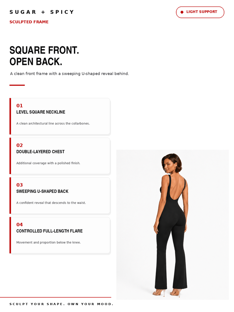 A product information graphic for a Sugar + Spicy sculpted frame, showing a model from the back wearing a black dress with a square neckline, double-layered chest, sweeping U-shaped back, and full-length flare hem. The graphic includes text describing the frame and four feature callouts on a white background.