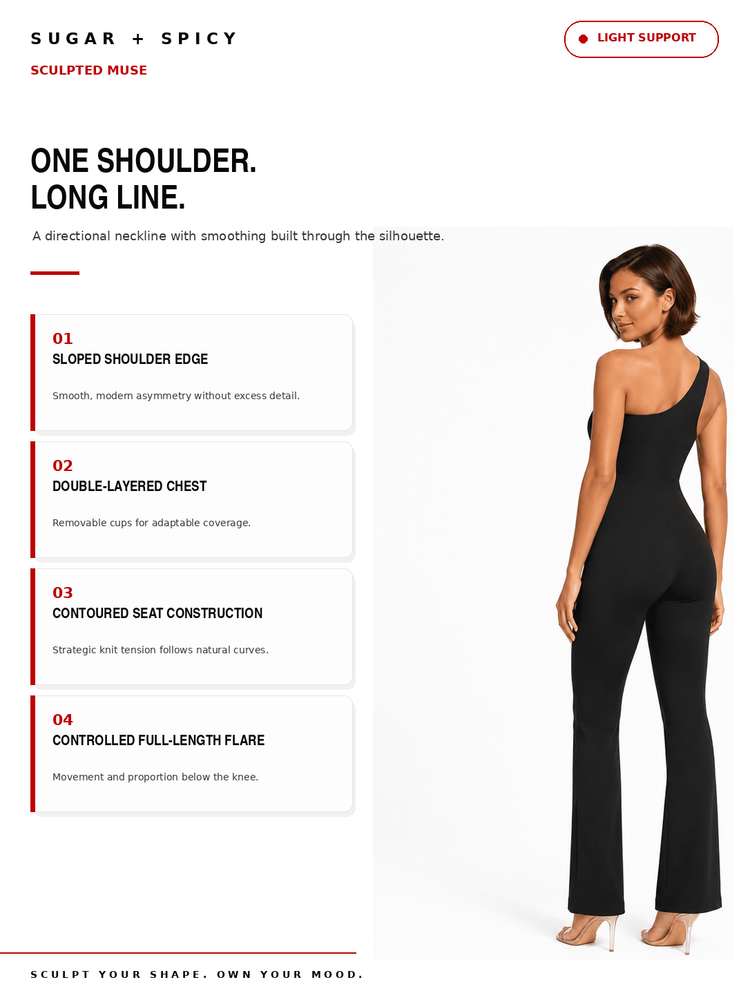 A model wearing a black one-shoulder long-line jumpsuit is shown on a white background with text callouts describing the garment features. The image includes branding for 'SUGAR + SPICY' and a 'SCULPTED MUSE' model.