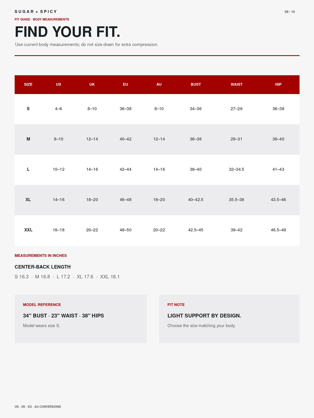 A fit chart and sizing guide for Sugar x Spicy bodysuits, featuring a size table from S to XXL with measurements in inches and a fit note explaining that the fit depends on body measurements.