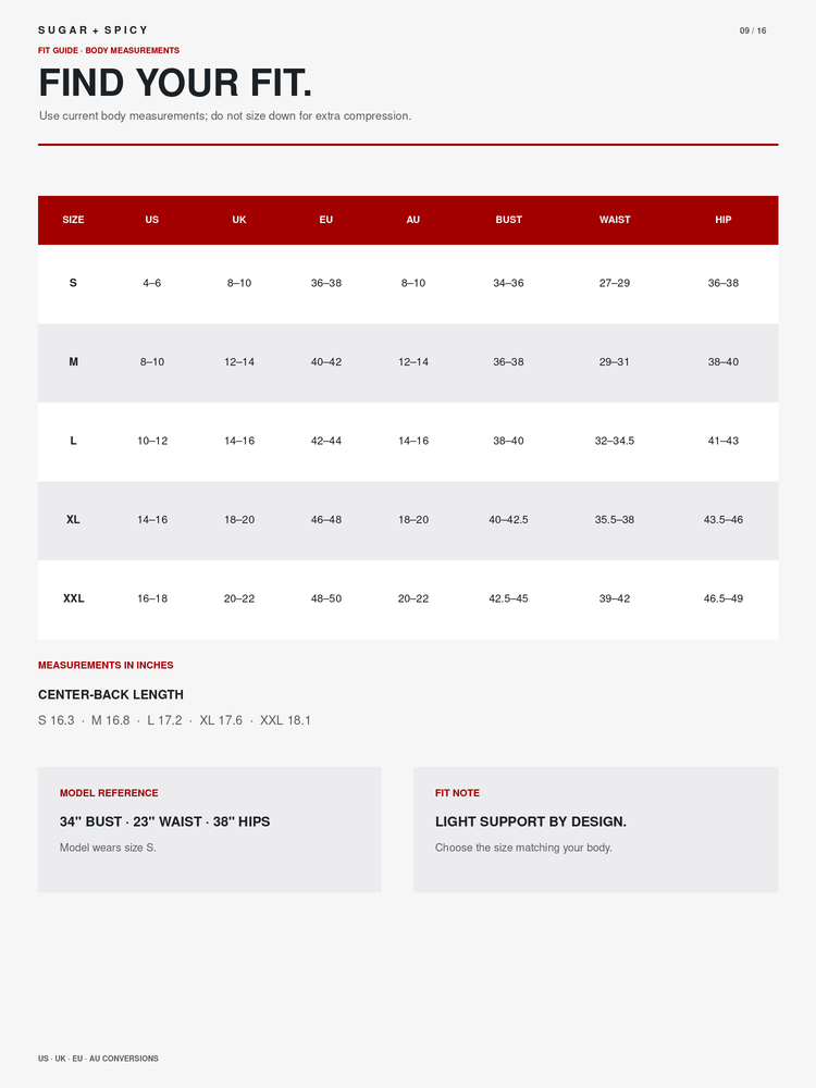 A fit chart and sizing guide for Sugar x Spicy bodysuits, featuring a size table from S to XXL with measurements in inches and a fit note explaining that the fit depends on body measurements.