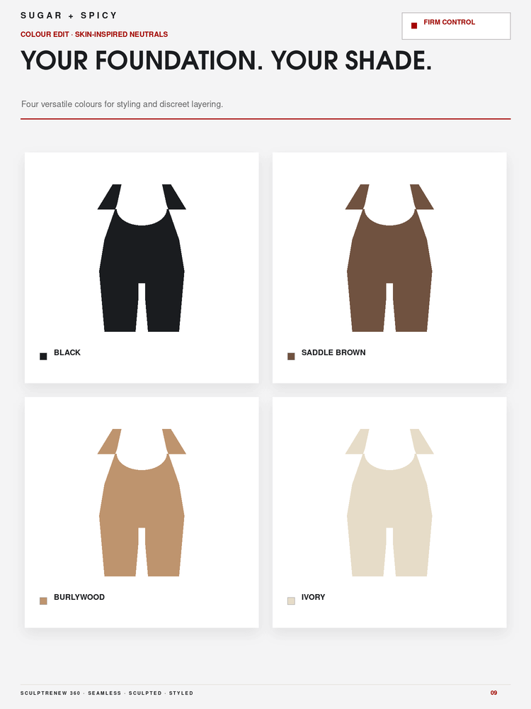 A color options graphic for a sculpted garment style, showing four flat illustrations of the same bodysuit silhouette in different shades: black, saddle brown, burlywood, and ivory. The page header reads 'YOUR FOUNDATION.