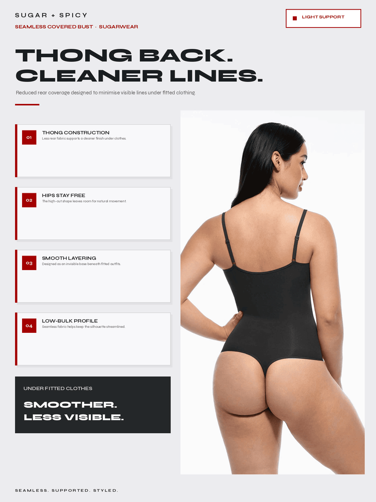 A promotional graphic for a black thong back seamless covered bust shapewear garment, featuring a model from the back wearing the black bodysuit. The graphic includes text highlighting features like 'Thong Back.
