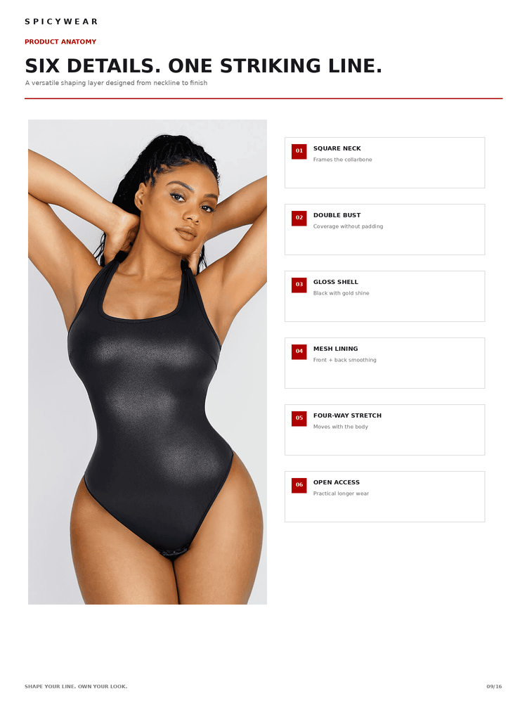 A product anatomy infographic for the Spicywear double bust bodysuit. The page features a model wearing a black, shiny, satin-like one-piece bodysuit with a square neckline and double bust.