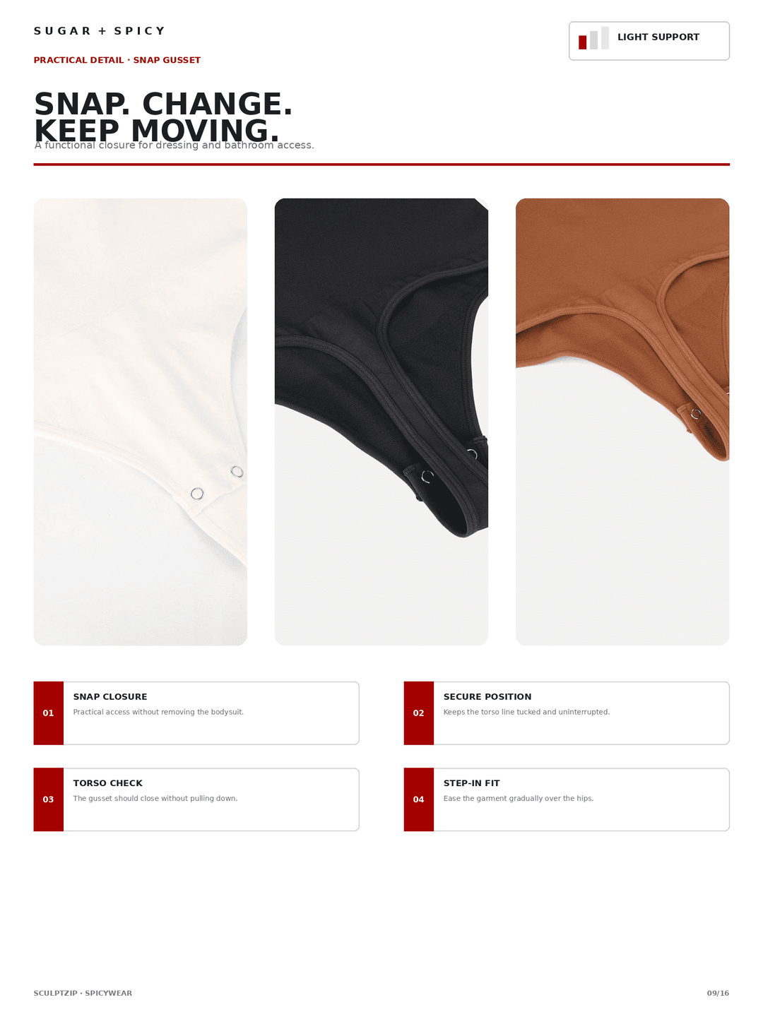 A product explainer graphic for the Sugar + Spicy Snap Change. Keep Moving.