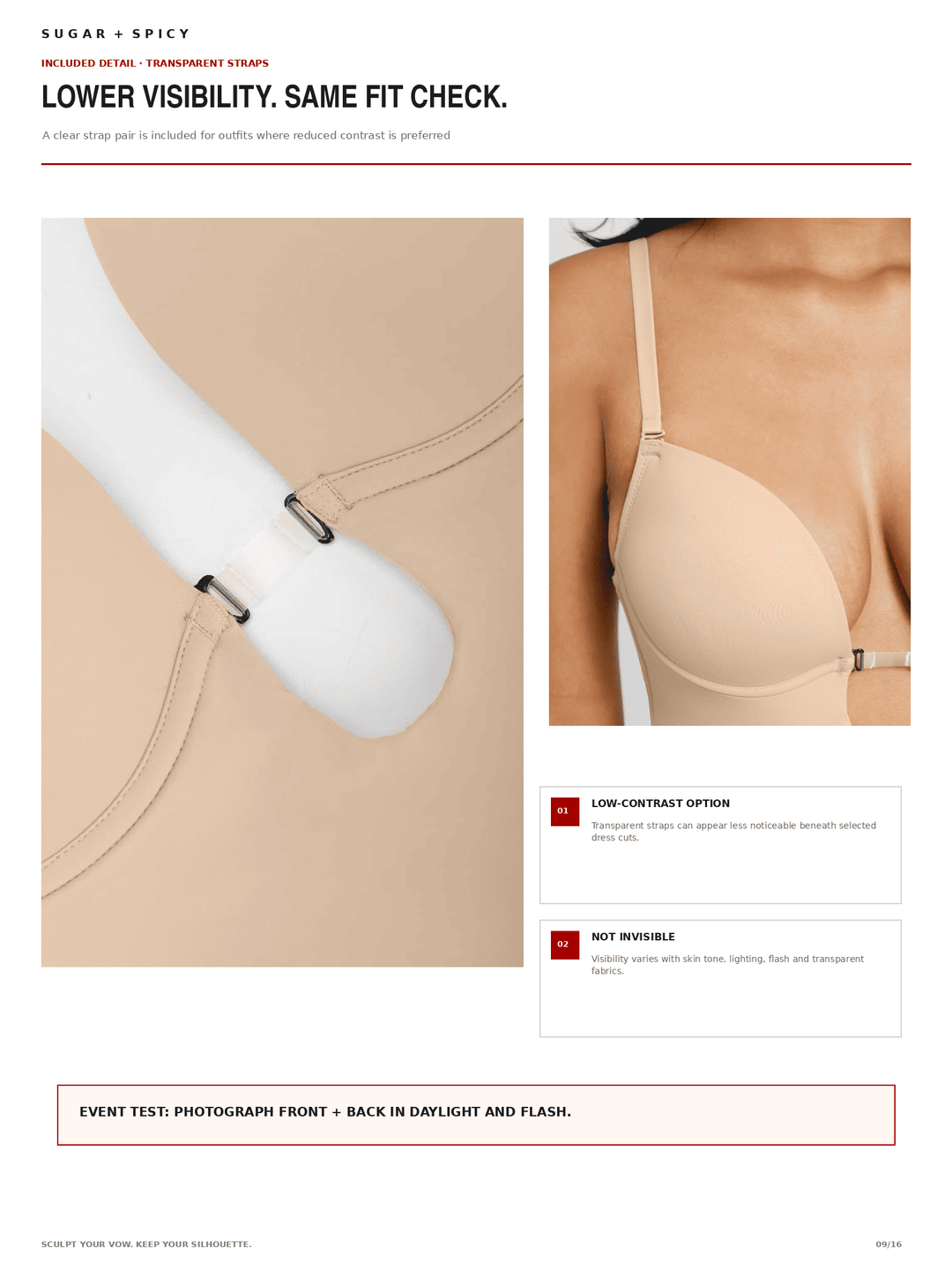 A product information page for a seamless bra, showing a beige bra on a model, a close-up of the hook-and-eye closure, and text notes about lower visibility and fit checking. The page has a white background with red and black text.
