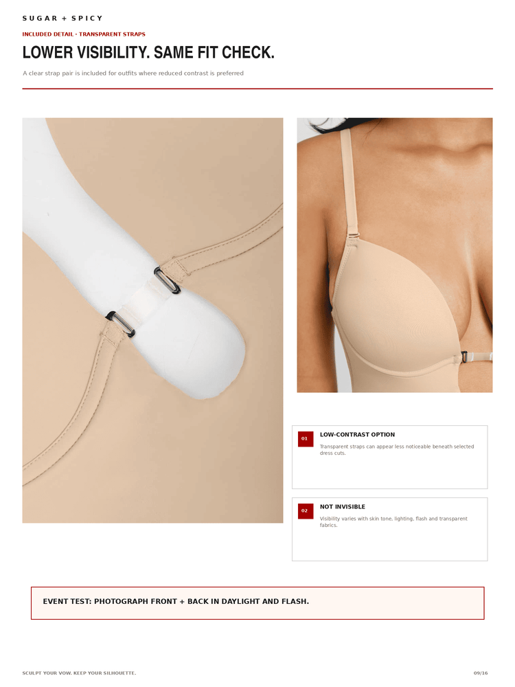 A product information page for a seamless bra, showing a beige bra on a model, a close-up of the hook-and-eye closure, and text notes about lower visibility and fit checking. The page has a white background with red and black text.