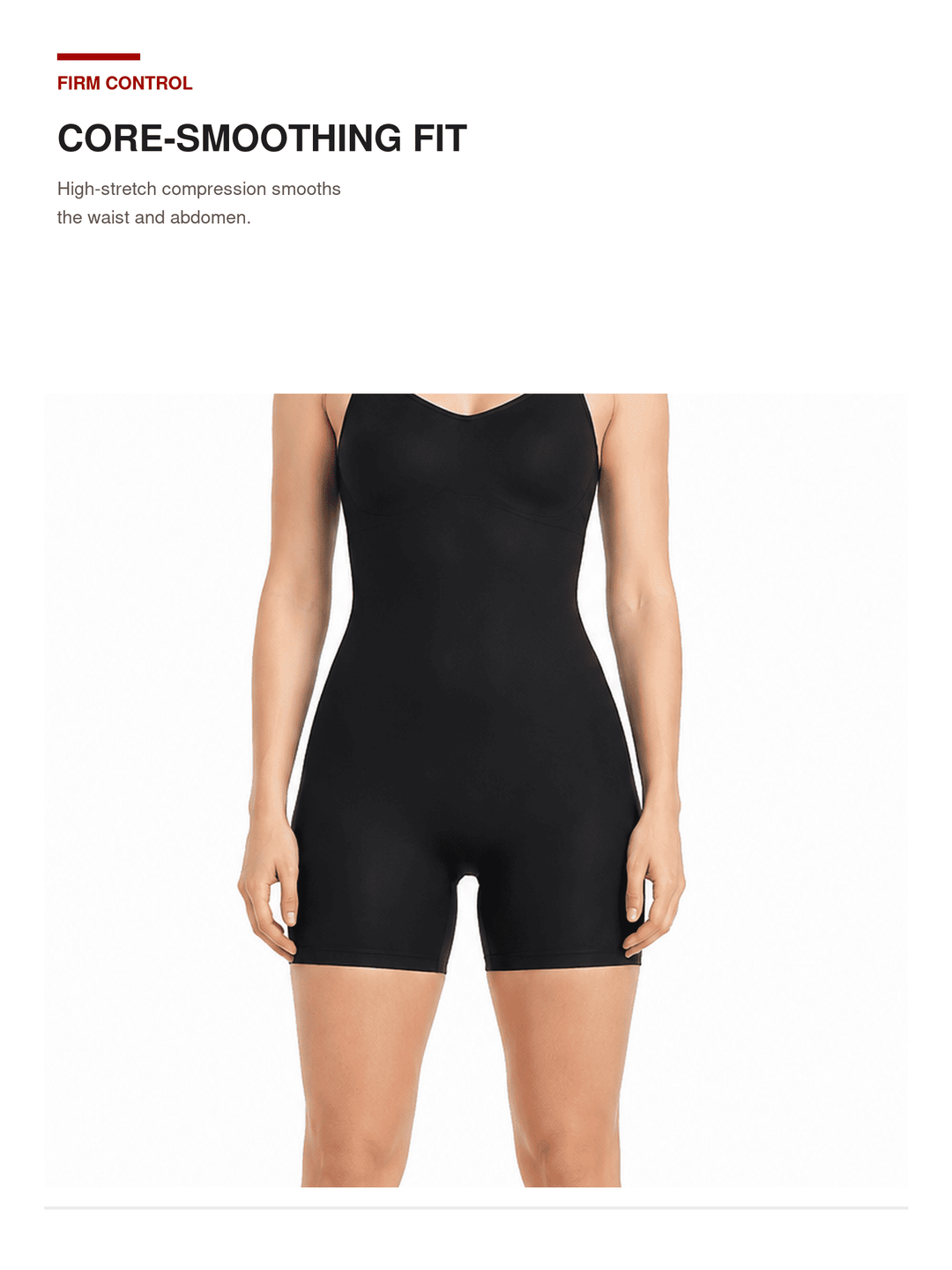 A model wearing a black compression shapewear bodysuit with text at the top reading &