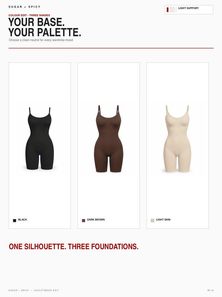 A promotional graphic showing three nude-toned shapewear bodysuit silhouettes in different shades: black, dark brown, and light skin-toned beige. The layout includes text reading 'YOUR BASE.
