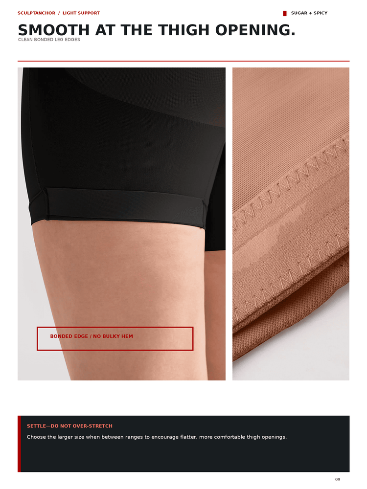 A product detail page showing close-up views of black and nude-brown high-waisted compression shorts. The left panel shows the leg opening with black trim, and the right panel shows a close-up of the nude-brown textured fabric with stitched edges.