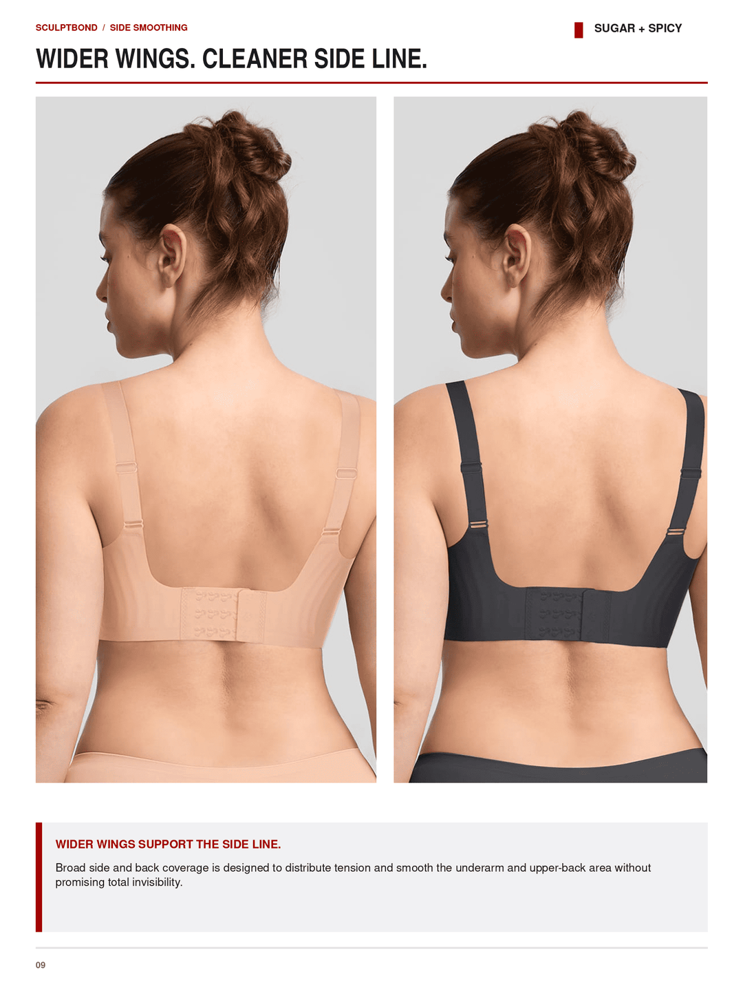 A catalog page showing two views of a woman from the back wearing bras to demonstrate side-smoothing and support. The left bra is a light beige/nude color, and the right bra is a dark charcoal gray.
