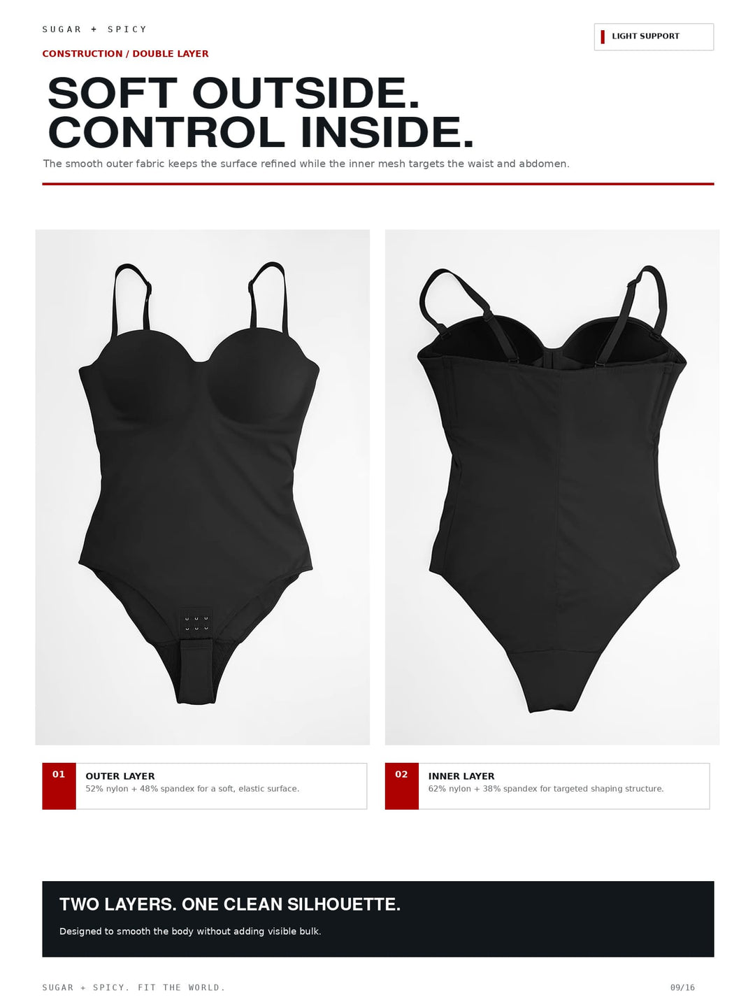 A product information graphic showing two views of a black double-layered bodysuit. The left view shows the outer layer with thin shoulder straps, and the right view shows the inner layer with a slightly fuller bust.