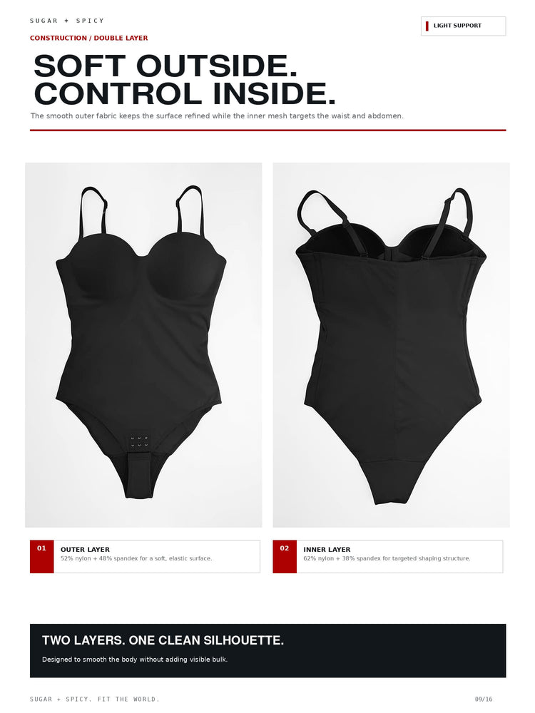 A product information graphic showing two views of a black double-layered bodysuit. The left view shows the outer layer with thin shoulder straps, and the right view shows the inner layer with a slightly fuller bust.