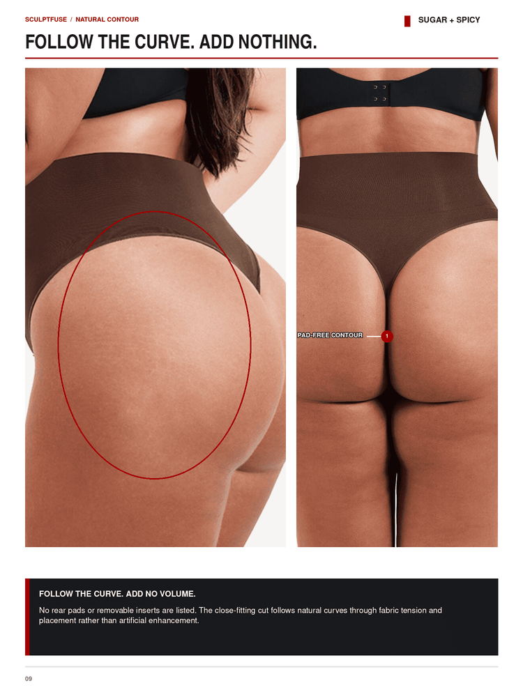 A catalog page showing two rear-view photos of a model wearing brown high-waisted underwear, with text reading 'FOLLOW THE CURVE. ADD NOTHING.