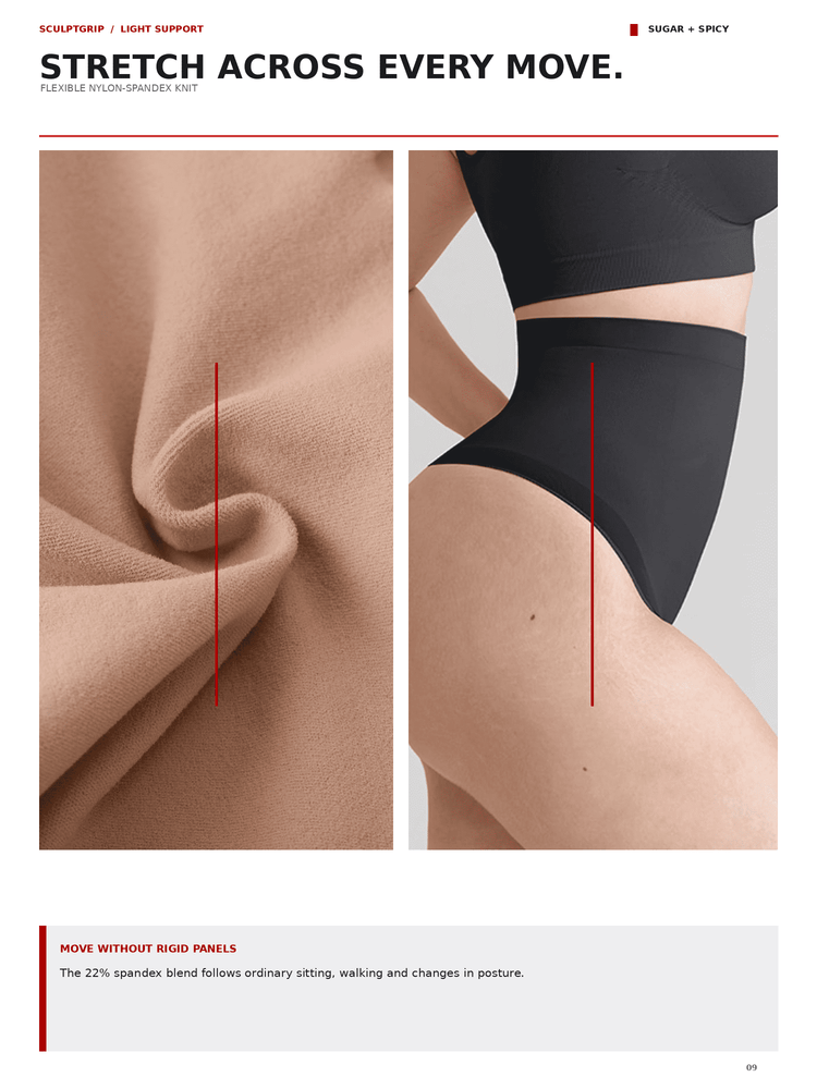 A product marketing page for a seamless spandex brief, showing a side-by-side comparison of the fabric's stretch (left) and fit without stretching (right). The page features text overlays and branding for 'SculptusGrip' and 'Sugar + Spicy'.