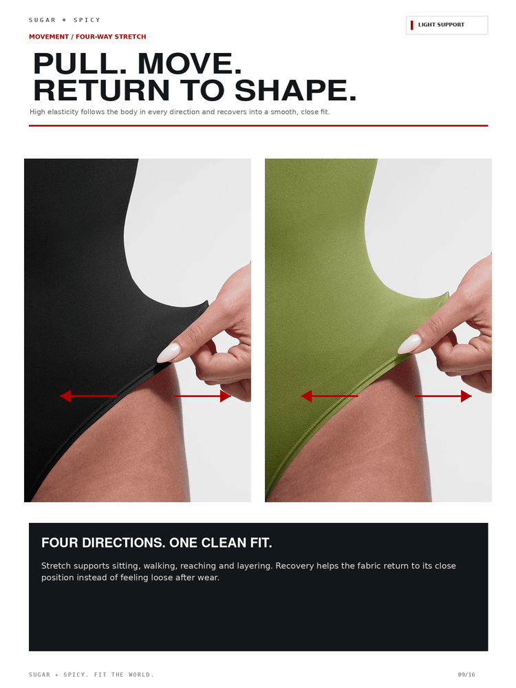 A promotional product image for Sugar + Spicy four-way stretch fabric, showing two side-by-side panels of a person's hip being stretched to demonstrate elasticity. The left panel shows the fabric in black, and the right panel shows it in olive green.