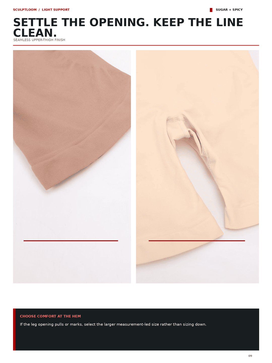 A product information page showing two close-up views of beige/tan fabric panels on a white background, with headline text about settling the opening and keeping the line clean. The page includes small branding text at the top and a black footer panel with additional text.