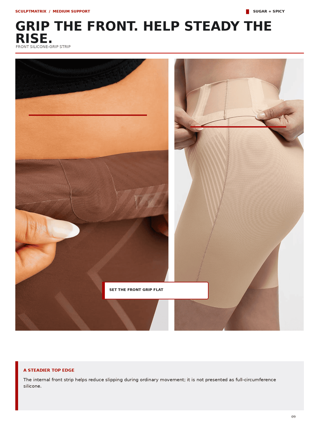A product information page for a skin smoothing grip strip, showing two side-by-side panels with a model demonstrating how to apply and position the brown adhesive strip on the front of shapewear shorts.