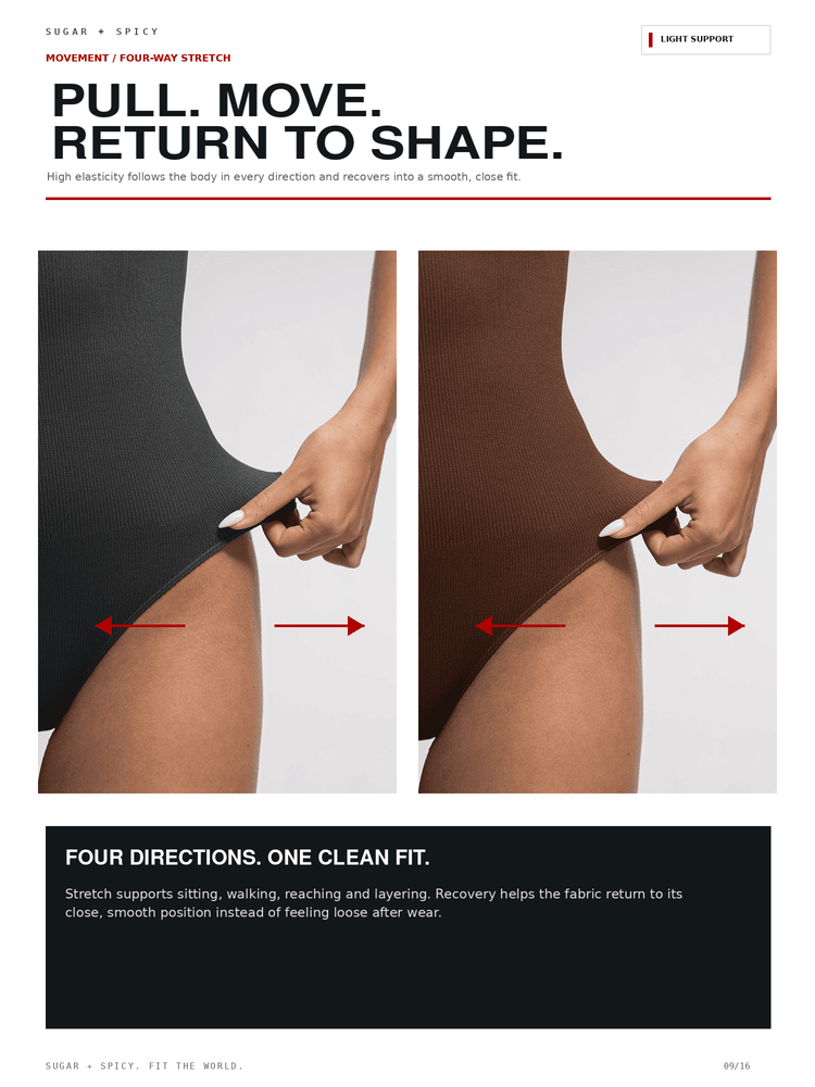 A promotional product graphic for Sugar + Spicy four-way stretch leggings. The layout features two side-by-side panels showing a model's hip and upper thigh in black and brown leggings, demonstrating the stretch with red arrows.