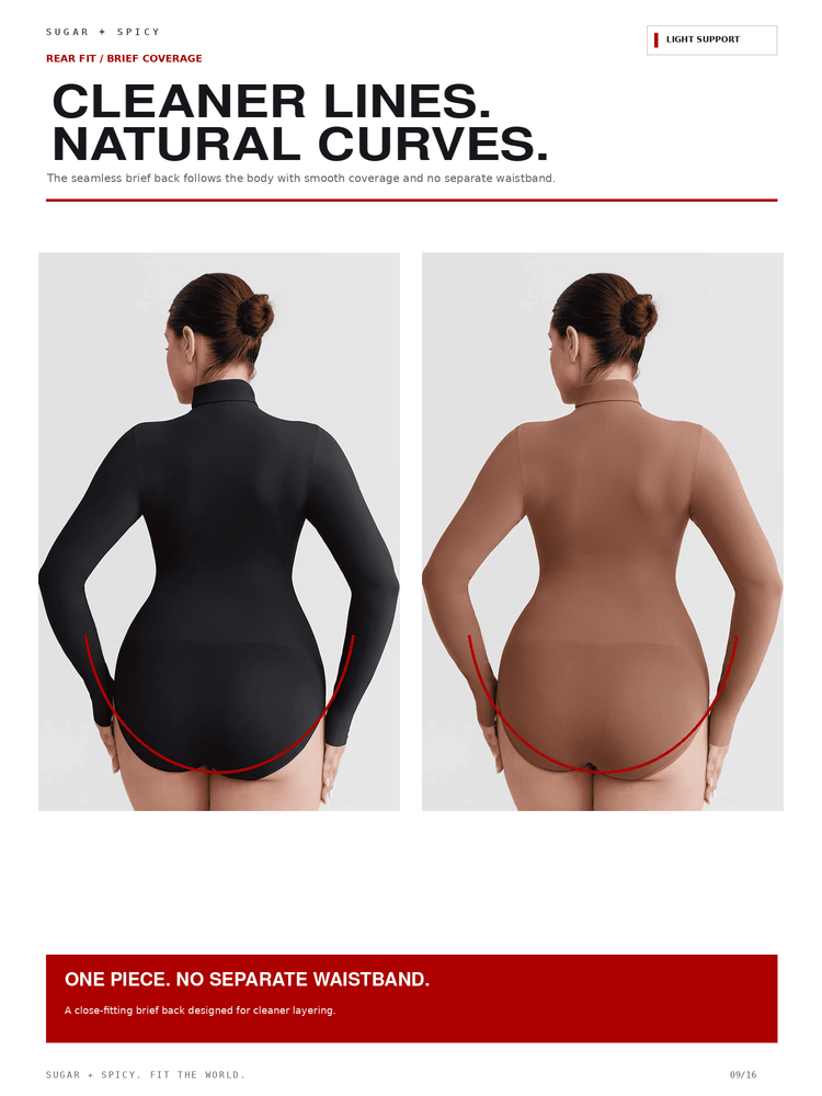 A catalog page showing two rear-view models wearing fitted bodysuits in black and nude/tan, with red curved line graphics highlighting the garment shape. Large text reads 'CLEANER LINES.