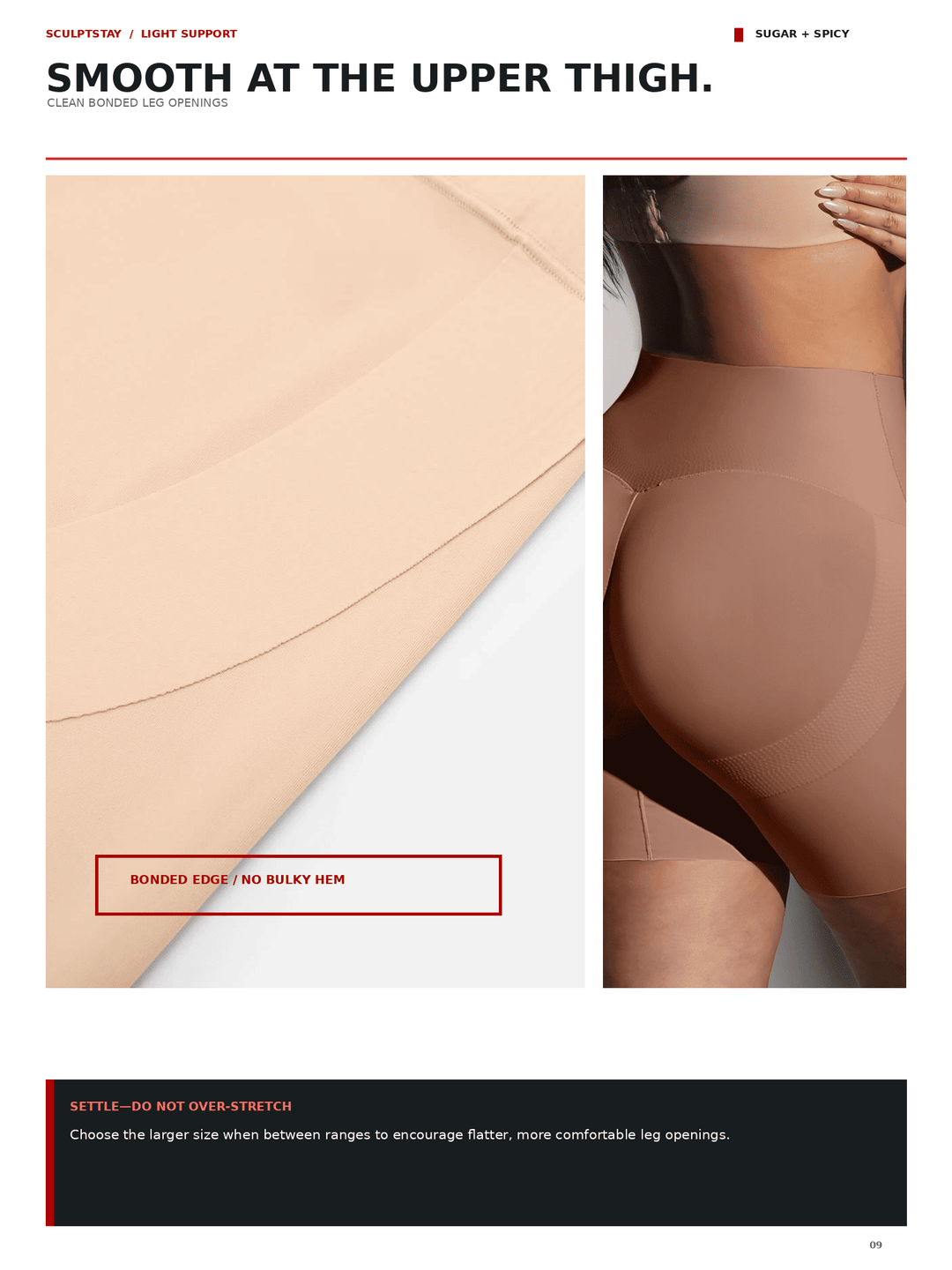 Shapewear product page showing a close-up of a beige fabric sample on the left and a model wearing a sheer nude shapewear brief on the right, with text describing smoothness at the upper thigh and sugar/spicy fit options.