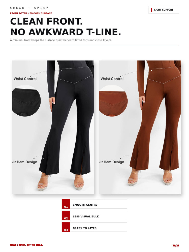 A catalog page showing two fitted flared pants on a model: one black and one rust brown. The page includes text callouts for waist control, hem design, and features, plus small inset close-ups of the fabric at the waist and front center.
