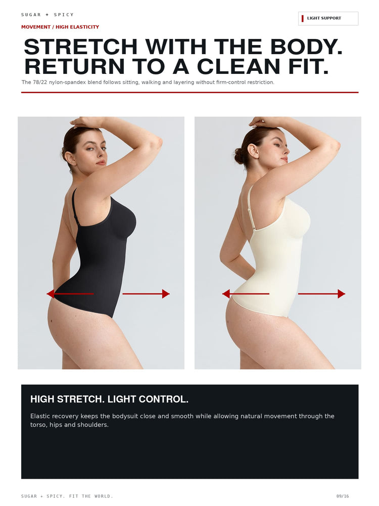 A promotional infographic for a body-shaping garment, showing two side-by-side views of a woman wearing the product in black and off-white, with red arrows indicating side compression and the text 'STRETCH WITH THE BODY. RETURN TO A CLEAN FIT.