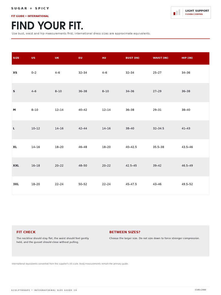 A sizing chart page for an international fit guide, titled 'FIND YOUR FIT' with size columns ranging from XS to XXXL, body measurements in inches, and fit check and between sizes guidance.