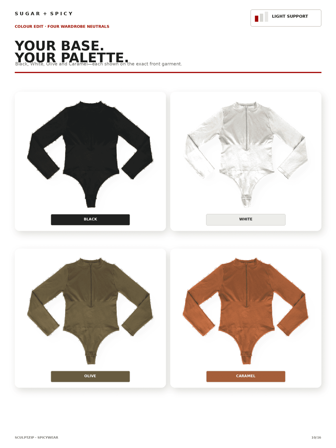 A catalog page showing four long-sleeve bodysuit options in a 2x2 grid: black, white, olive, and caramel. The page includes the text &