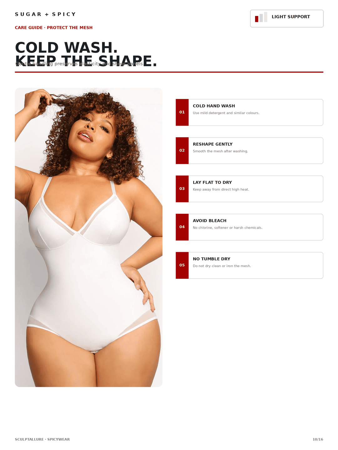 A product care guide page from Sugar + Spicy showing a model wearing a white bodysuit, with text instructions about cold wash and care directions on the right side.