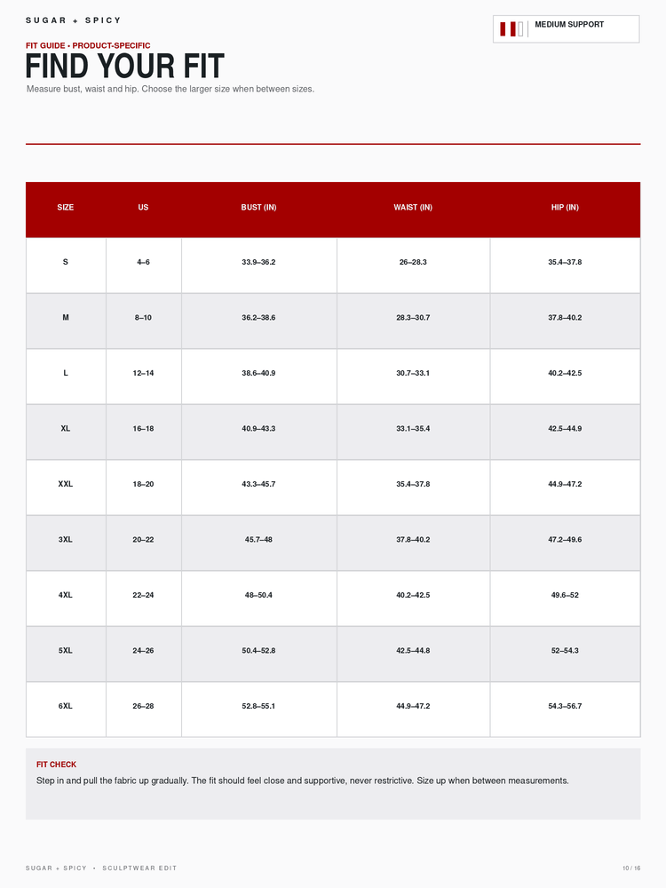 A sizing chart titled 'FIND YOUR FIT' for Sugar + Spicy, showing a size guide from S to XXL with weight and height ranges in a table format, plus fit check instructions.