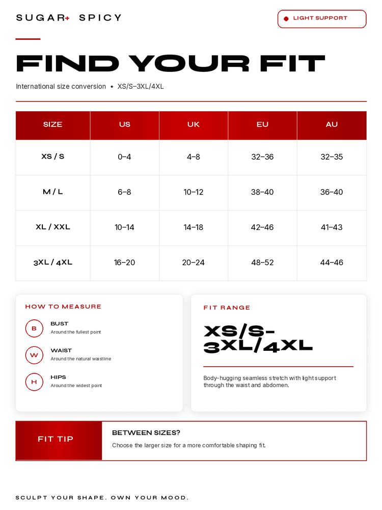 Size conversion chart for XS/S-3XL/4XL seamless long sleeve bodysuit by Sugar+Spicy with fit tips.