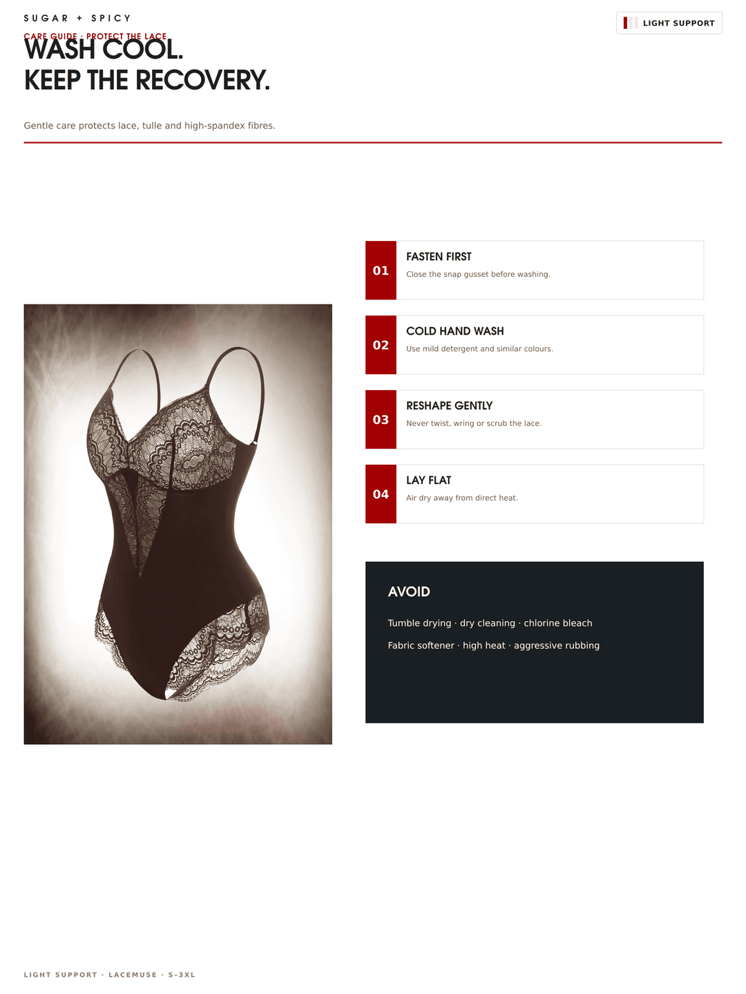 A product information page for Sugar &amp; Spicy lingerie, featuring a black lace bodysuit on a white background with the brand name, slogan &