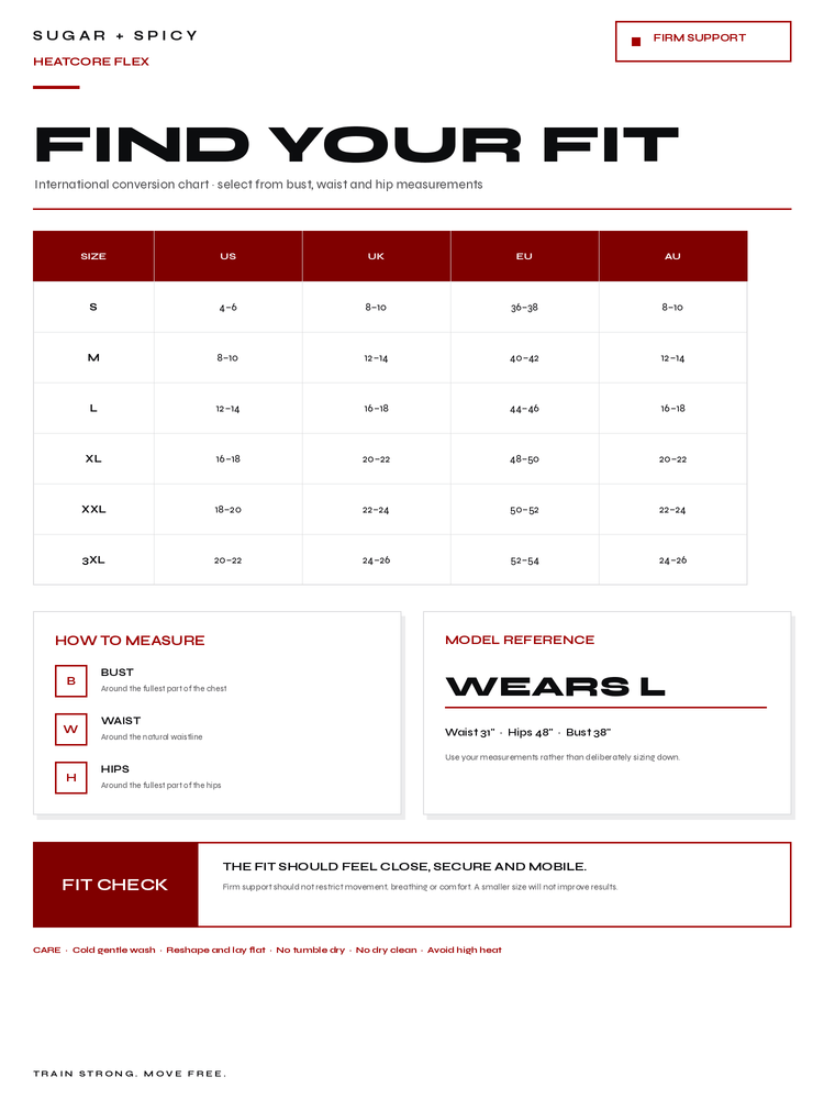 A conversion-focused sizing chart titled 'FIND YOUR FIT' for the Sug + Spicy Heatwave Flex product. The chart includes a size table from S to 3XL, measurement instructions with a body guide, a model reference note saying 'WEARS L', and a fit check section on a clean white background with red and black text.