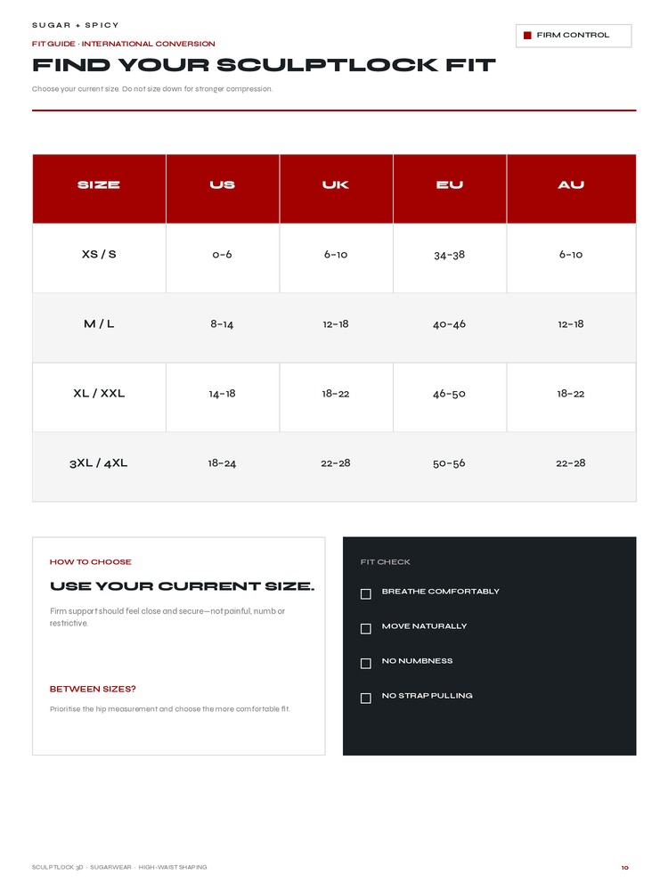 A sizing chart and fit guide for SculptLock foot orthotics, showing size conversions between US, UK, EU, and AU for XS/S through 3XL/4XL, with a small how-to choose panel and a dark fit-check box on a white page.