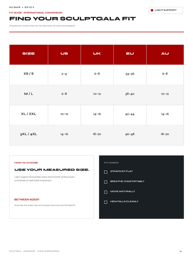 A sizing chart and fit guide for SculptLock foot orthotics, showing size conversions between US, UK, EU, and AU for XS/S through 3XL/4XL, with a small how-to choose panel and a dark fit-check box on a white page.