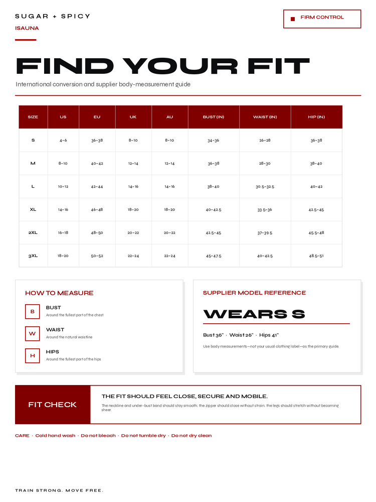 A fit guide chart titled 'FIND YOUR FIT' for SUGAR + SPICY by FIRM CONTROL, showing a waist measurement table from S to XXL with instructions on how to measure bust, waist, and hips, plus a supplier model reference table.