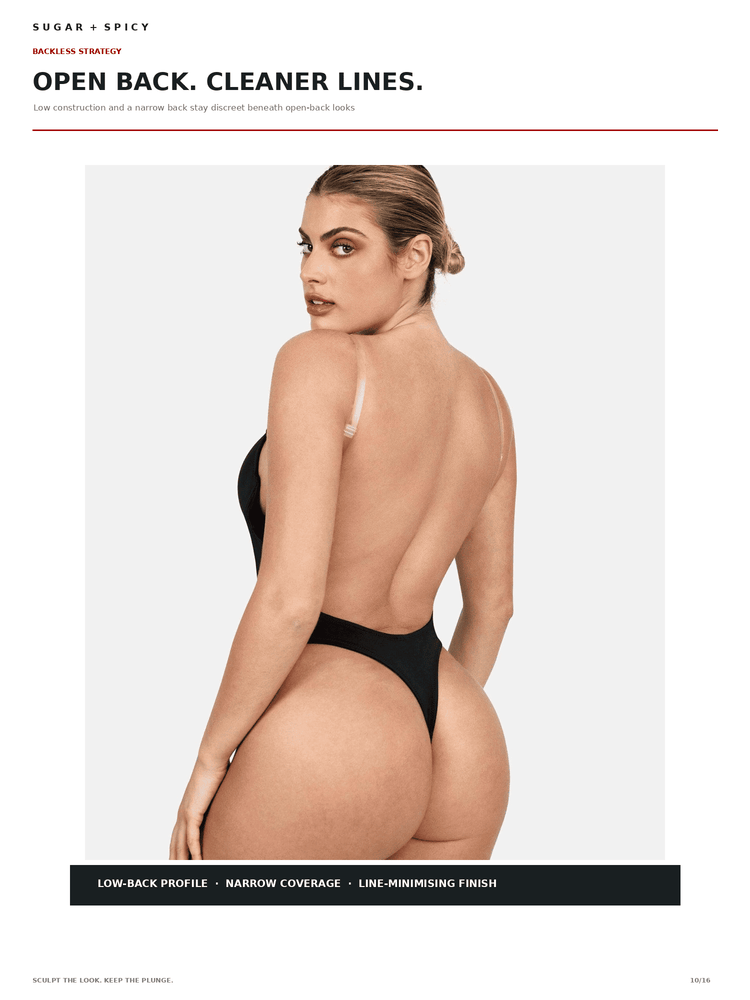 A model shown from the back wearing a black open-back one-piece swimsuit on a light gray background, with marketing text above and below the photo.