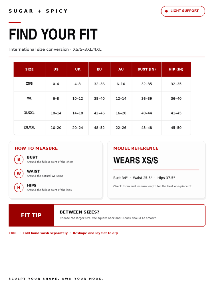 A sizing and fit guide graphic for Sugar + Spicy lingerie, titled 'FIND YOUR FIT' with international size conversion tables for XS/XS-L/4XL, measurement instructions, a fit tip, and model reference text.