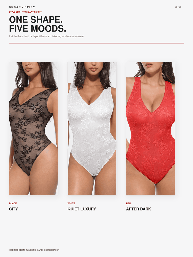 A catalog page showing three women's bodysuit options side by side: a black lace bodysuit labeled 'BLACK CITY', a white lace bodysuit labeled 'WHITE QUIET LUXURY', and a red lace bodysuit labeled 'RED AFTER DARK'. The page header reads 'ONE SHAPE.