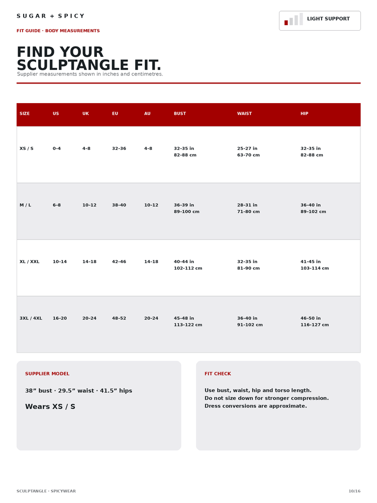 A digital body measurement guide titled 'FIND YOUR SCULPTANGLE FIT' with sizing tables for US, UK, EU, RJ, BUST, WAST, and HIP sizes, plus fit check instructions and a small product photo showing a white tank top with a red graphic.