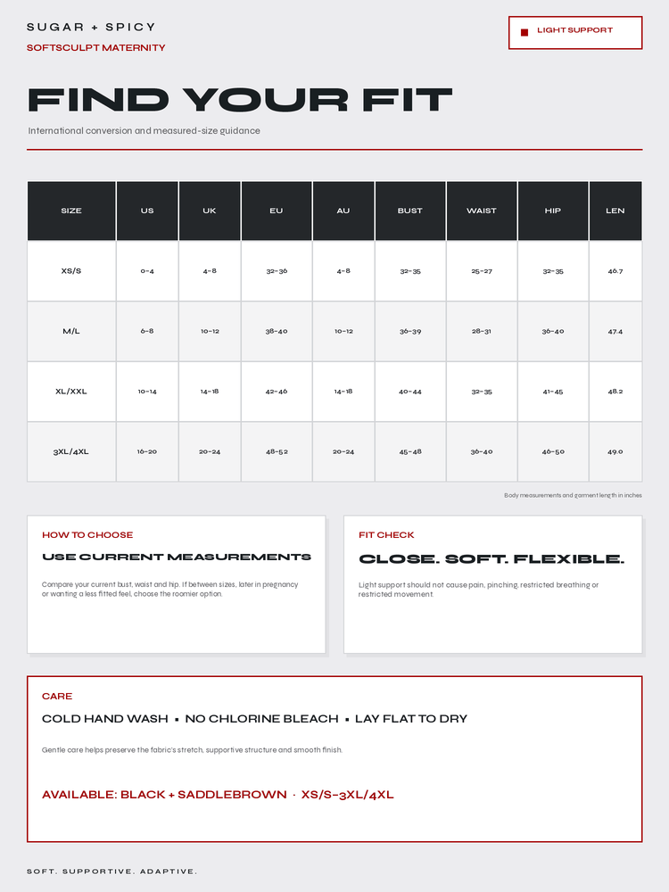 A size and fit guide infographic for Sugar + Spicy / Softsculpt Maternity apparel, featuring a conversion chart, fit check tips, and care instructions on a white background.