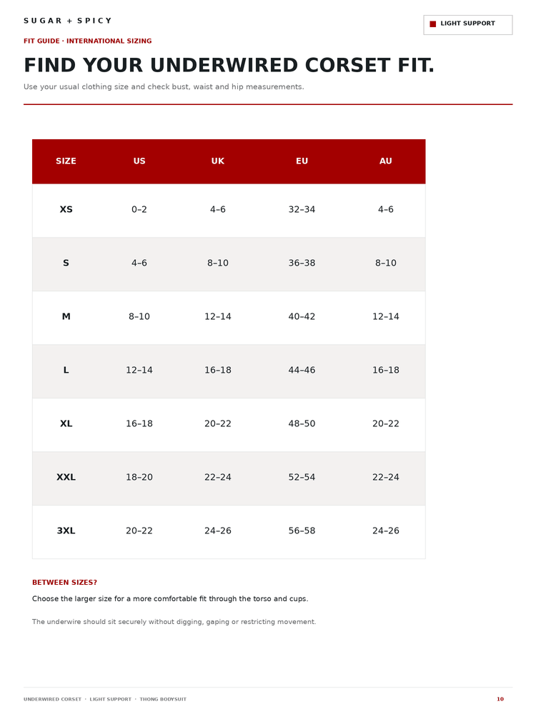 A sizing chart page titled 'FIND YOUR UNDERWIRED CORSET FIT' from Sugar + Spicy, showing a size guide table with US, UK, EU, and AU measurements for XS through 3XL, plus fit advice.