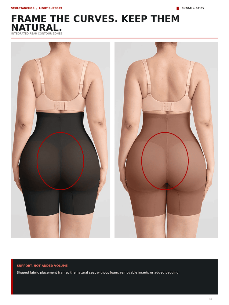 A product comparison graphic showing two rear views of a model wearing shapewear briefs. The left model wears black shapewear, and the right model wears brown shapewear.