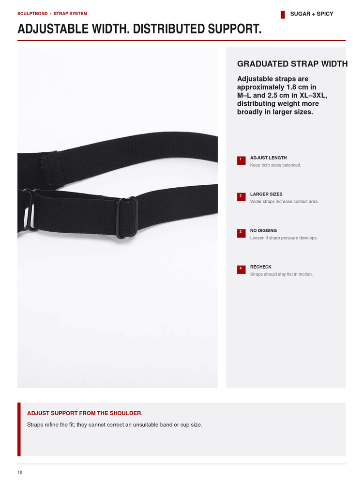 Black adjustable shoulder strap from a Scolertrion strap system, shown on a white background with product text callouts explaining graduated strap width and adjustment features.