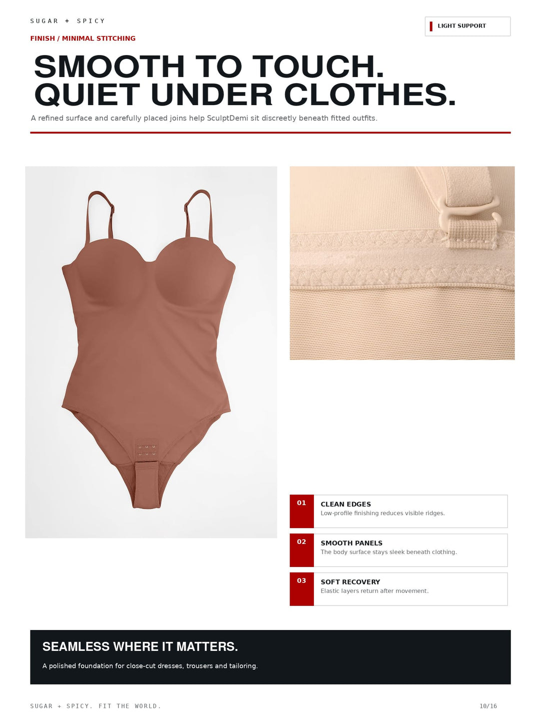 A product catalog page for a seamless, minimal one-piece bodysuit in a dusty rose color. The page features a main product shot on the left, a close-up inset of the underbust band on the top right, and feature callouts on the bottom right highlighting clean edges, smooth panels, and soft recovery.
